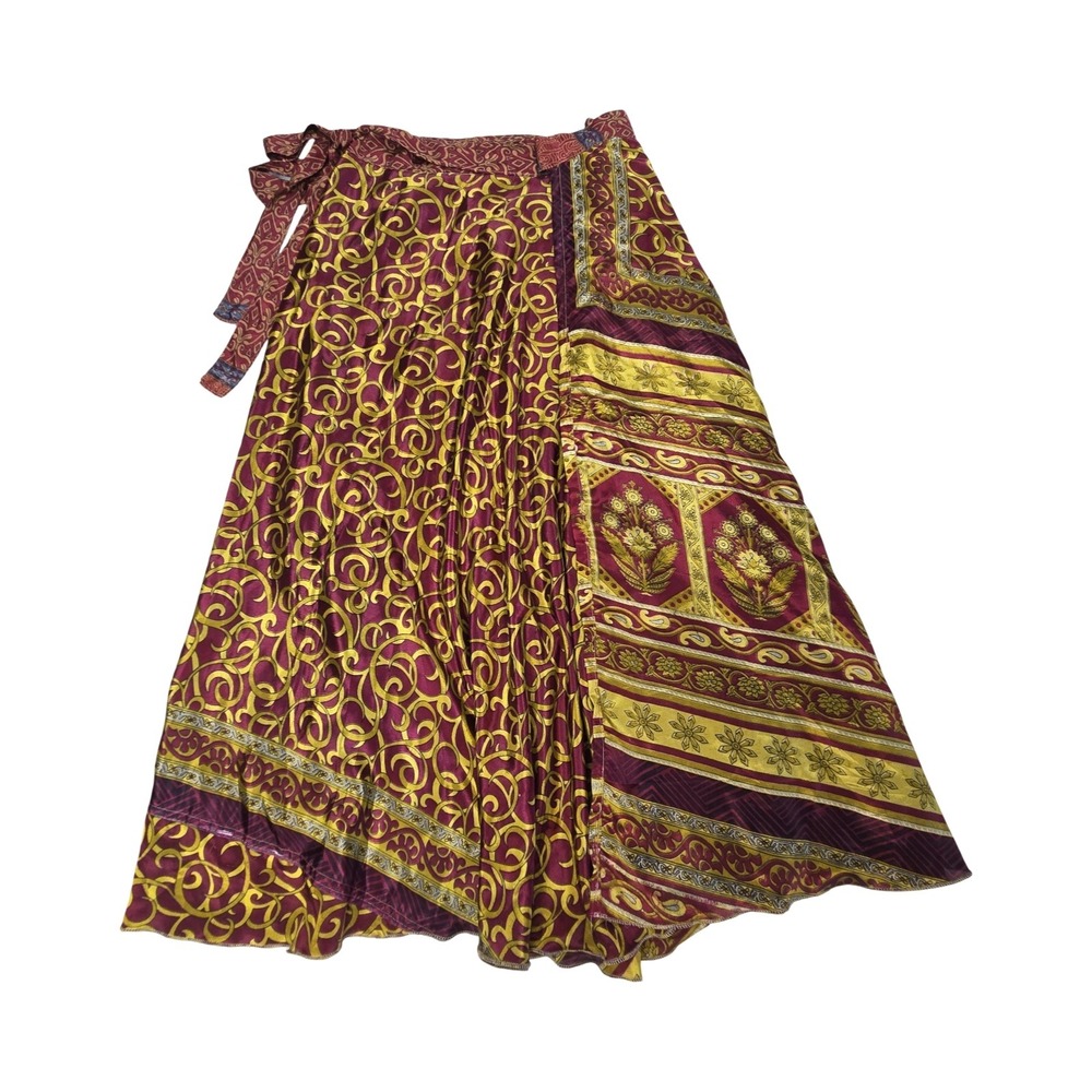 Boho Wrap Maxi Skirt India Paisley Floral Scroll Print Burgundy Gold One Size